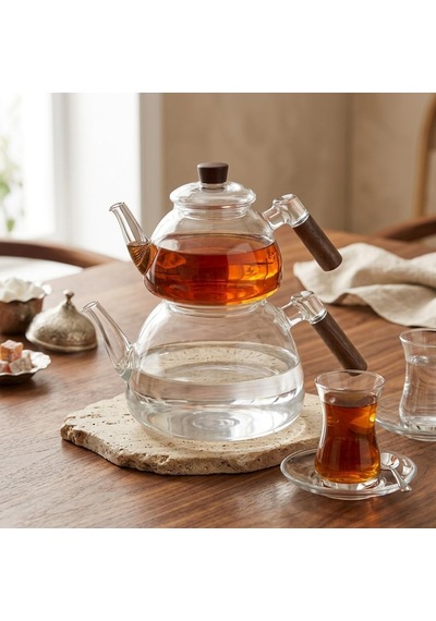 1800 Ml + 550 Ml Akasya Cam Çaydanlık Takımı - Ahşap Kulplu, Isıya Dayanıklı Borosilikat Şeffaf Çaydanlık, Yaylı Süzgeçli Şık Lüks Tasarım çok renkli
