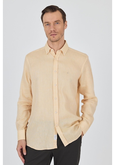 İmza Uzun Kol Düz Keten Düğmeli Yaka Cepsiz Casual Comfort Fit Gömlek 1004250114 Altın
