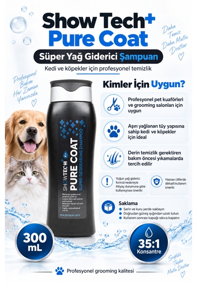 Showtech Pure Coat Yağ Giderici Kedi Köpek Şampuanı 300 Ml - 35:1 Konsantre İle Arındırıcı Şampuan