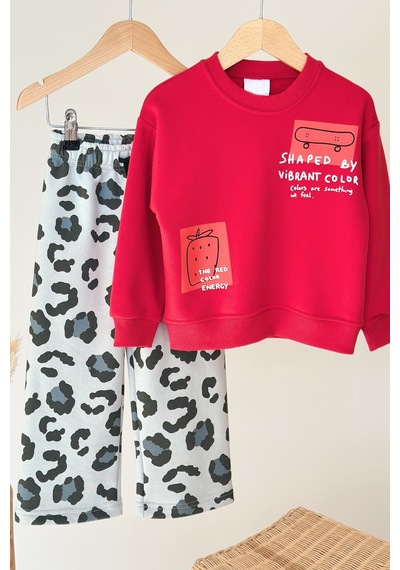 Monila Kız Çocuk Kırmızı Baskılı Pamuklu Sweatshirt Ve Gri Leopar Baskılı Eşofman Alt Üst Takım