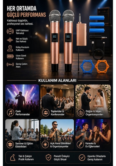 Jrl Wn-11 Profesyonel Çiftli Kablosuz El Mikrofonu Seti - Uhf Bandı Şarj Edilebilir Alıcılı - Rose G