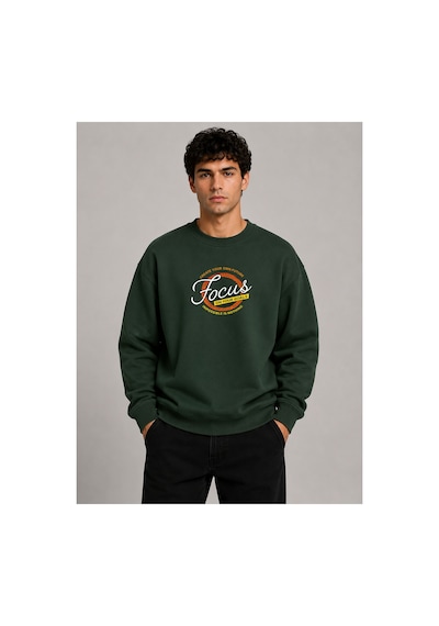 Herkesemoda Focus Baskılı Bisiklet Yaka Şardonlu 2 İplik Sweatshirt Yeşil