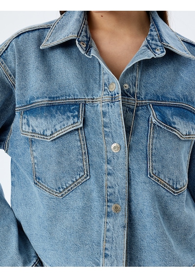 Koton Cep Detaylı Klasik Yaka Düğmeli Denim Ceket Açık İndigo 5sal50004md Açık İndigo