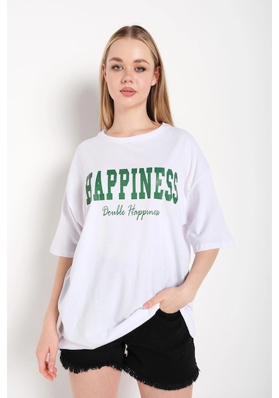 Startmore Kadın Beyaz Happıness Baskılı Oversize Tshirt Beyaz