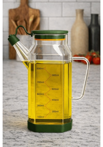 Şeffaf Cam 800 Ml Yağdanlık Sürahi Akıtmaz & Kaymaz Silikon Tabanlı Yağlık - Yeşil Yeşil