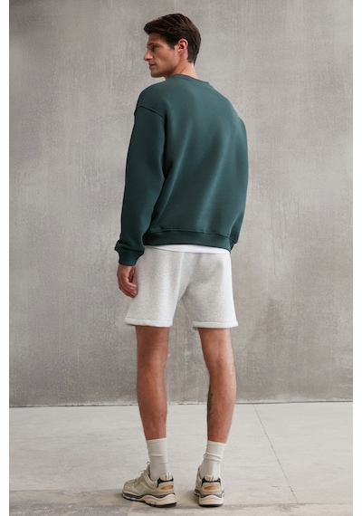 Grimelange Ernest Erkek Organik Pamuklu Yumuşacık Baskı Detaylı Bisiklet Yaka Içi Polarlı Koyu Yeşil Sweatshirt