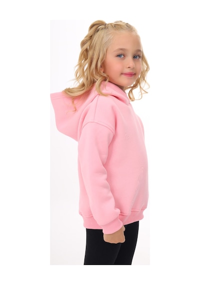 Kız Çocuk Oversize Kapüşonlu Düşük Omuz Baskılı Sweatshirt - 3 İplik Şardonlu Pembe