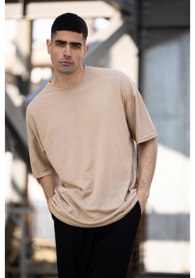 Erkek Düz T-shirt Kısa Kol Bisiklet Yaka Regular Fit Rahat Kalıp Günlük Tişört - Bej Bej