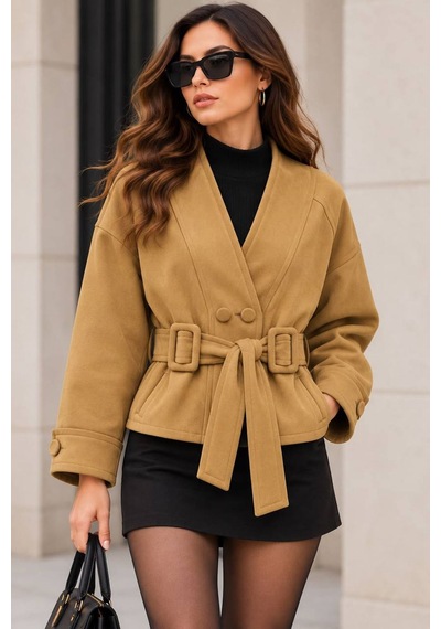Neşeli Butik Kadın Camel Süet Dokulu V Yaka Çift Düğmeli Tokalı Kuşaklı Oversize Ceket Nbk020