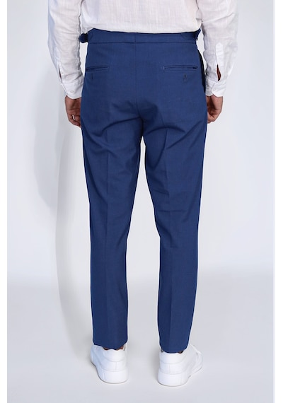 Saks Mavisi Çift Pileli Tokalı Yüksek Bel Slim Fit Pantolon Wessi Koyu Mavi