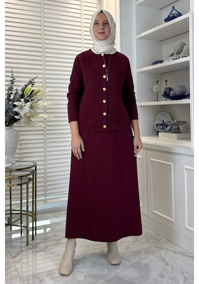 Rabia Şamlı Melis Çelik Örme Triko Takım Bordo Çok Renkli