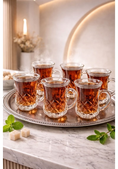 6 Lı Cam Kulplu Çizgili Çay Bardağı Bardak 120ml Cam - Şeffaf