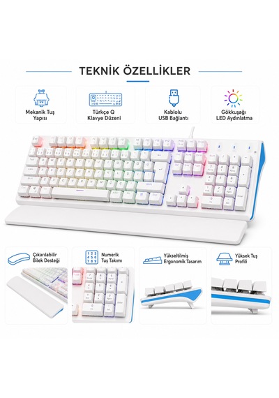 Türkçe Q Mekanik Gaming Klavye Kablolu Usb Rainbow Led Aydınlatmalı Bilek Destekli Full Size Beyaz