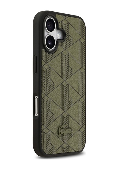 Apple Uyumlu iPhone 17 Kılıf Lacoste Lisanslı M-safeli Pu Deri Tasarımlı Kartlıklı Karışık Monogram Kapak Yeşil Yeşil