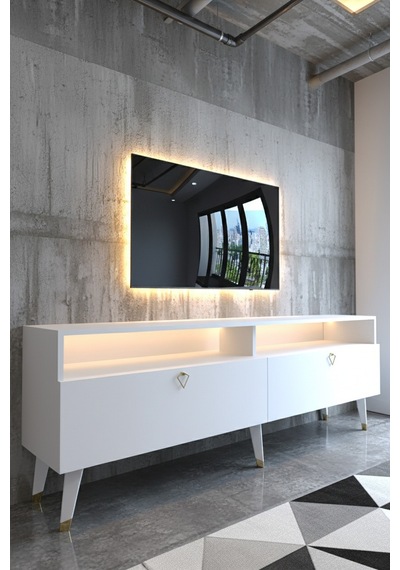 Resital Ledli Tv Sehpası - Led Işıklı - Gold Beyaz - Gl9016-1