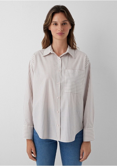 Mavi Bordo Çizgili Gömlek Loose Fit / Bol Rahat Kesim 1211201-87982 Ekru