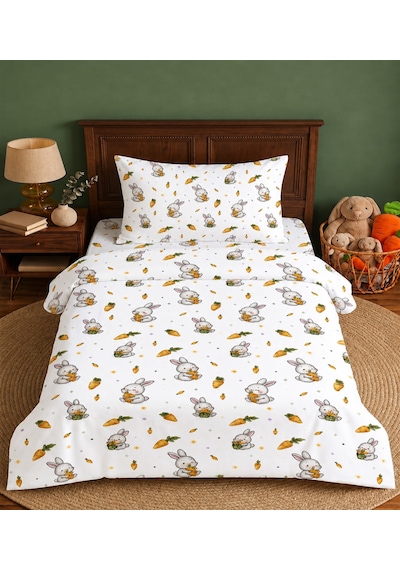More Home Müslin Bebek Nevresim Takımı %100 Pamuk Havuç Yiyen Tavşan Krem Çok Renkli