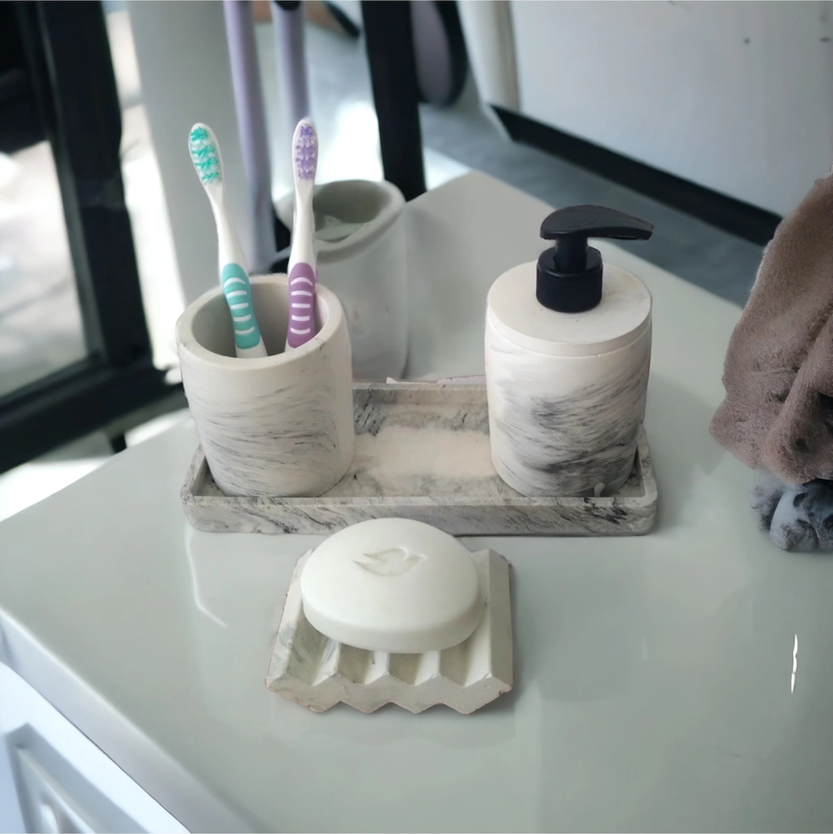4'lü Banyo Seti , Sıvı Sabunluk Diş Fırçalığı Beton Aksesuar Takım Gri
