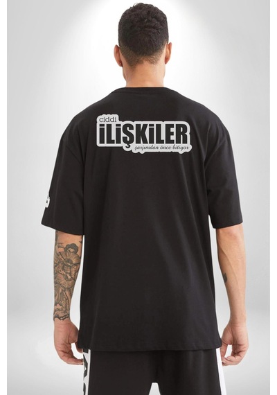 Ciddi İlişkiler Şarjımdan Önce Bitiyor Yazılı Pamuklu Unisex Oversize Sırt Dijital Baskılı Siyah T-shirt Siyah