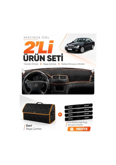 Mercedes W211 E-class 2002-2009 Uyumlu Torpido Örtüsü + Deri Çanta + Sticker - Siyah Kahverengi