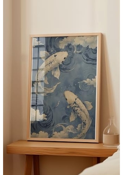 Zestia Ahşap Çerçeveli Tablo, Koi Balıkları, Japon Dalgalar Arasında, Mavi Tonlar Poster No: 107505 30 X 40