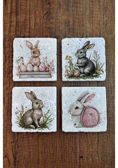 Doğal Taş Bardak Altlığı - Sevimli Tavşanlar Temalı 10x10cm Stone Coasters Çok Renkli