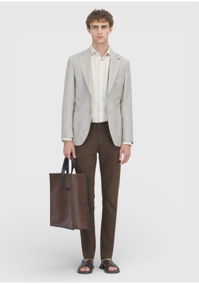 Ramsey Bej Desenli Zeroweight Slim Fit İpek Karışımlı Ceket