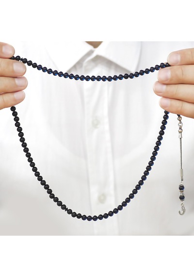 Tesbihname Sıkma Kehribar Namaz Tesbihi - 925 Ayar Gümüş Vav Püsküllü - Süzme Mavi Siyah - Küre Kesim Çok Renkli