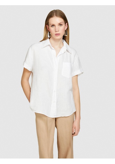 Sisley %100 Keten Düğmeli Göğüs Cepli Kısa Kollu Gömlek Kadın Beyaz Gömlek - 324p5bmllq042