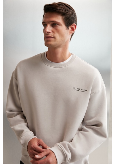 Grimelange Bryan Erkek Yumuşacık Kumaşlı 3 Iplik Oversize Bol Kesim Yuvarlak Yakalı Baskılı Gri Sweatshirt