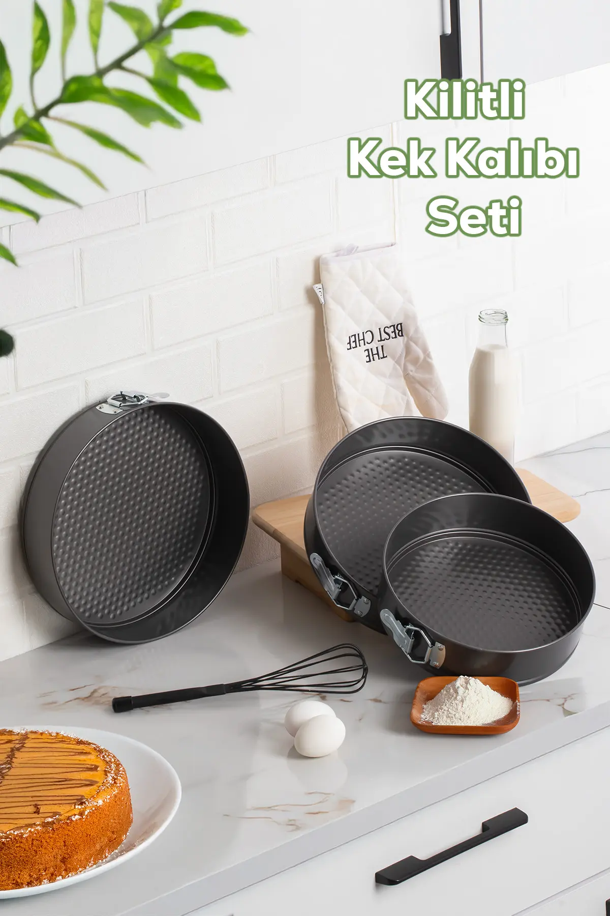 3 Lü Yanmaz Yapışmaz Metal Kilitli Kelepçeli Yuvarlak Kek Kalıbı Seti Siyah