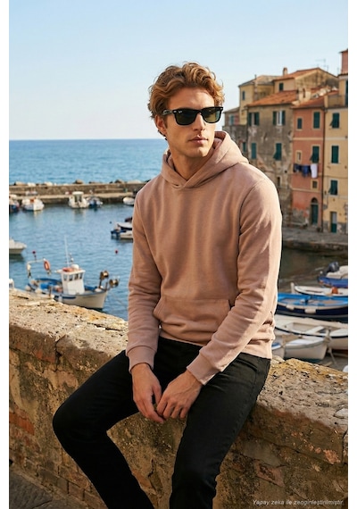 Buratti Regular Fit Kapüşonlu Kanguru Cepli Içi Tüylü Yumuşak Şardonlu Erkek Sweat 5905281 Gül