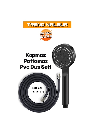 5 Fonksiyonlu Mafsallı Mat Siyah Duş Başlığı Seti, Mat Siyah Duş Başlığı - Pvc Hortum Duş Seti Diğer