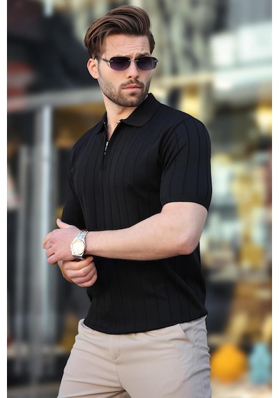 Madmext Madmext Siyah Polo Yaka Fermuarlı Erkek T-shirt E7298 Siyah