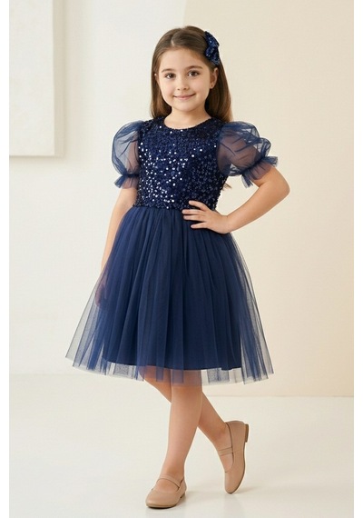 Mnk Baby & Kids Balon Kol Pul Payet Kız Çocuk Tütü Elbise M00751 Lacivert