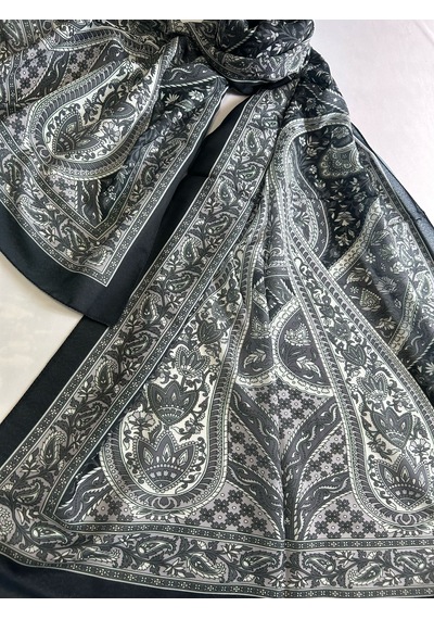 Kadın Pamuklu Siyah Gri Retro Etnik Şal