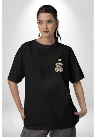 Gerçeklikten Uzak Tutun Siyah Oversize Unisex Ön Sol Yan Minimal Baskılı Tişört Koyu Siyah