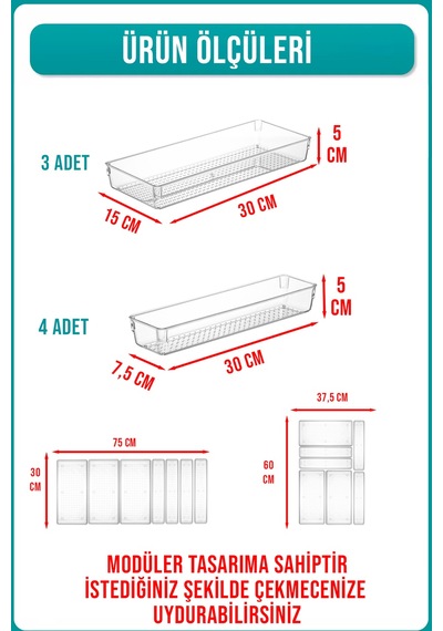 7'li Kepçelik Kepçe Düzenleyici Çekmece İçi Modüler Organizer Şeffaf