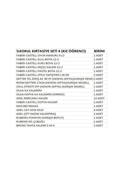 İlkokul Kırtasiye Seti 4 Kız Öğrenci