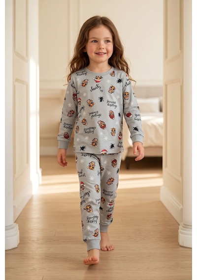 Zuzunga Kız Çocuk Yılbaşı Temalı Tiger Desenli Uzun Kollu Pijama Takımı Gri