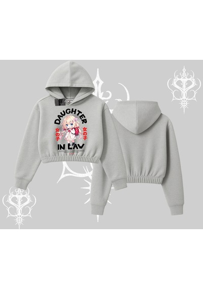 Startmore Kapşonlu Crop Sweatshirt Anime Girl Daughter In Law Baskılı Gri