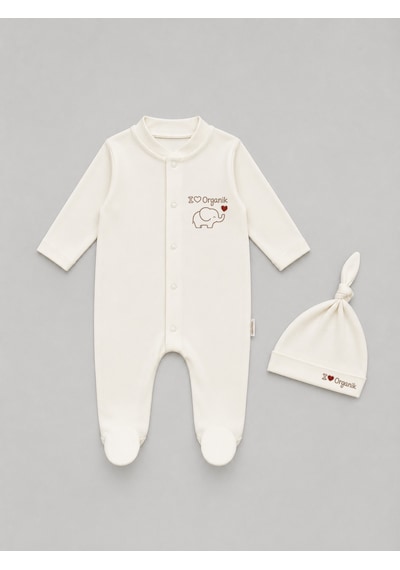 Babyden's Organik Pamuk Bebek Tulumu Şapkalı Yenidoğan Hastane Çıkışı Çıtçıtlı Patikli Uzun Kollu Ekru