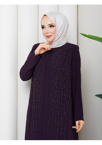 Eslemnur Elbise Yağmur Taşlı Anne Elbisesi Mürdüm