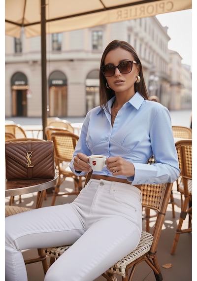 Lela Fitted Fit Pamuklu Korse Detaylı Uzun Kollu Crop Bayan Gömlek 611Go00376 Bebe Mavi