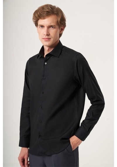 İmza Siyah İtalyan Yaka Oxford Slim Fit Kolay Ütü Pamuklu Gömlek 1004265270
