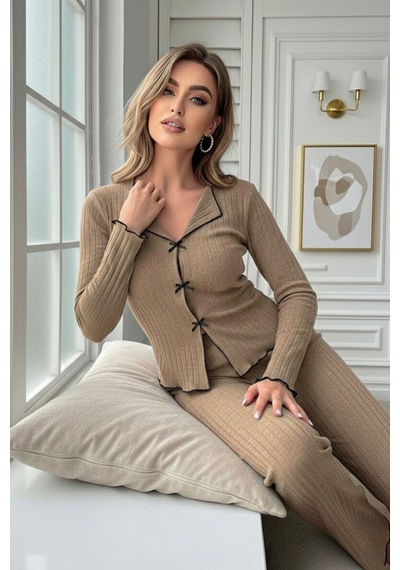 Bella Notte Bej Fiyonk Detaylı Uzun Kollu Pijama Takımı