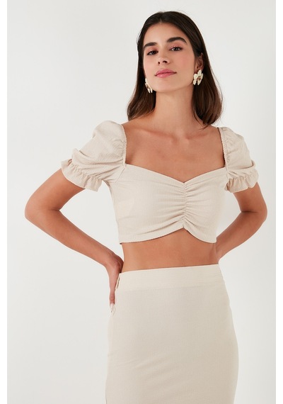 Lela Slim Fit Büzgü Detaylı Kalp Yaka Crop Bayan Bluz 5865601 Taş