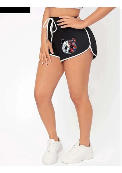 Kadın Yırtmaçlı Mini Panda Baskılı Penye Şort Siyah