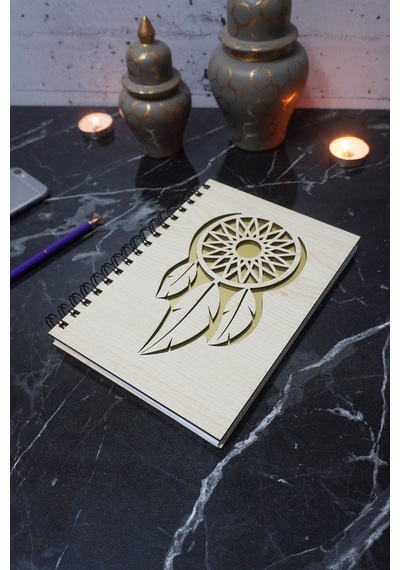 Rüya Kapanı Desenli Ahşap Kapaklı Defter - Ajanda - Günlük - Notebook Düz Çizgisiz