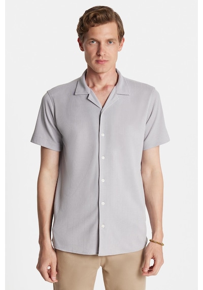 Tudors Erkek Slim Fit Yazlık Örme Dokulu Kısa Kollu Apaş Yaka Gri Gömlek-34775 Gri